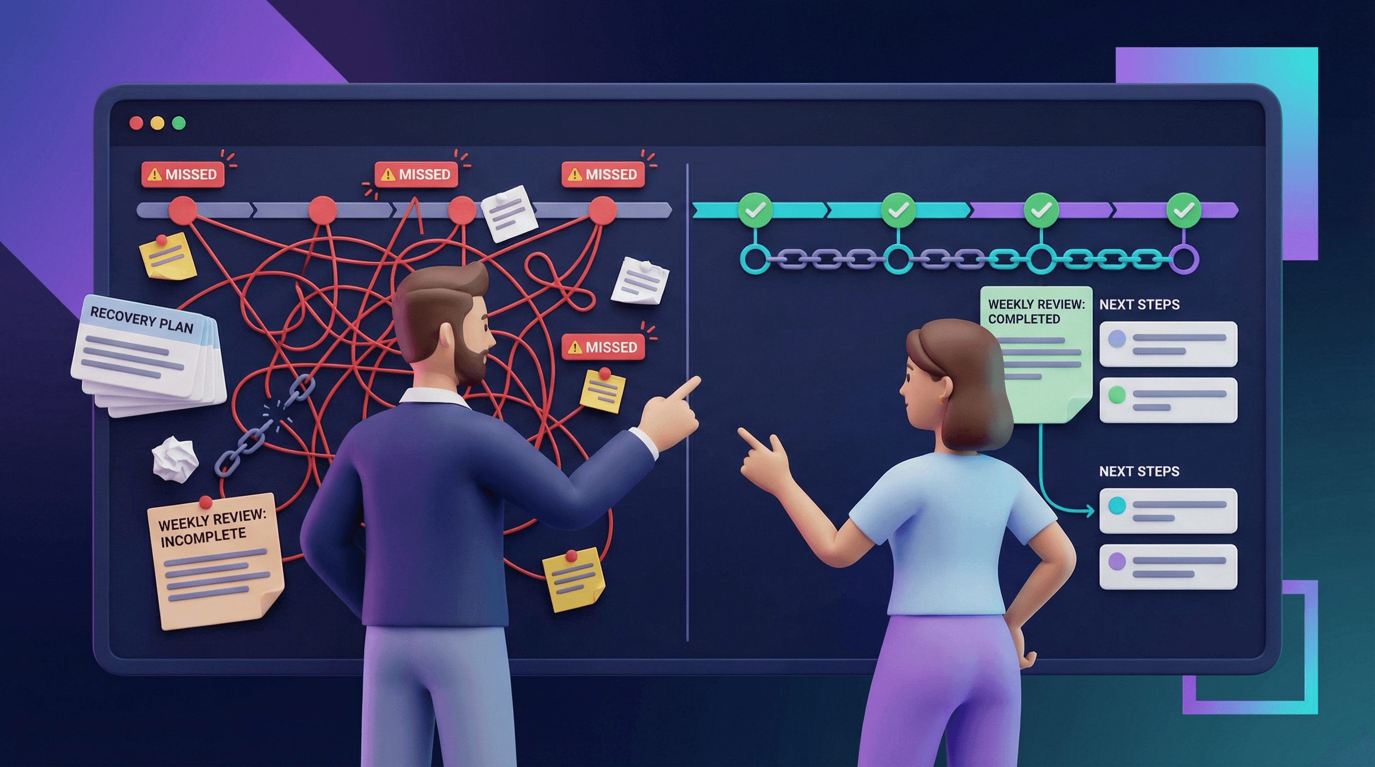 Two accountability partners reviewing check-ins and progress together